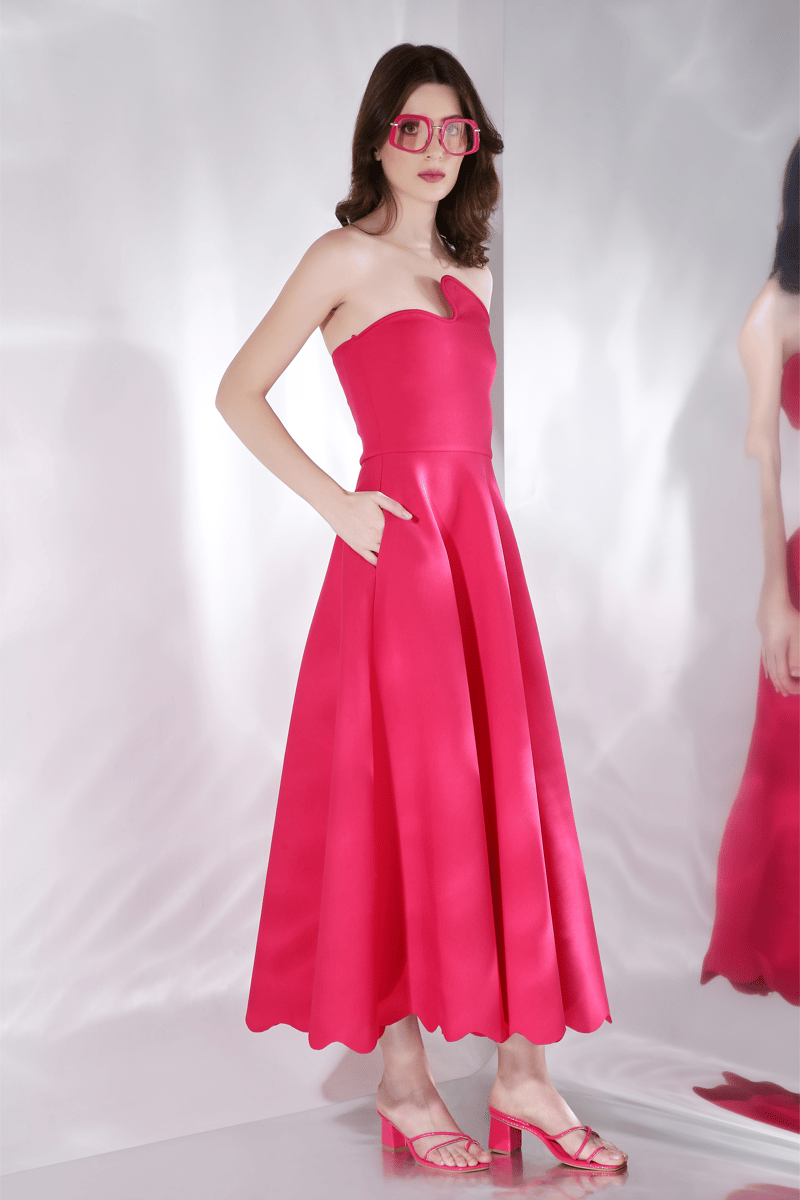 Hot Pink Fit and Flare Midi Dress with Detachable Bow