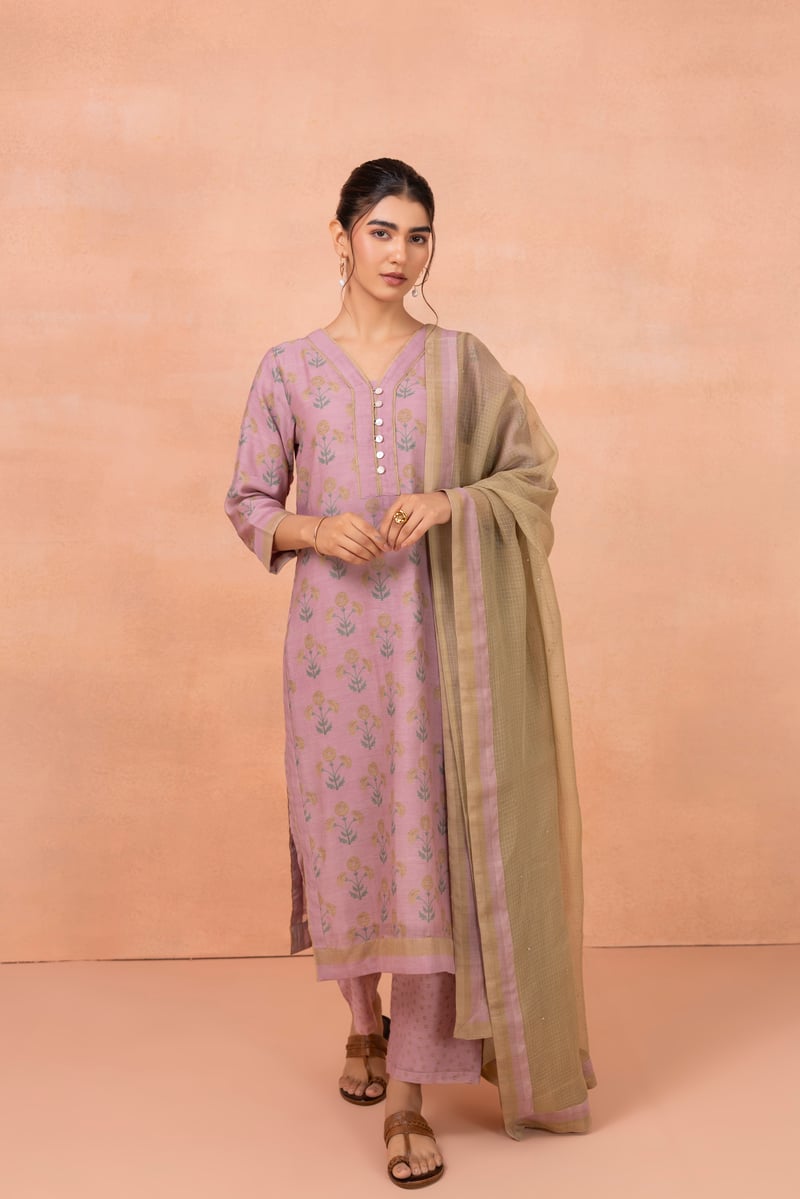 Purple Floral Printed Straight Kurta Set with Dupatta