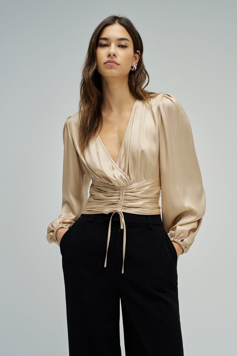 Gold Metallic Ruched Waist Tie-Up Wrap Blouse — SALSA JEANS