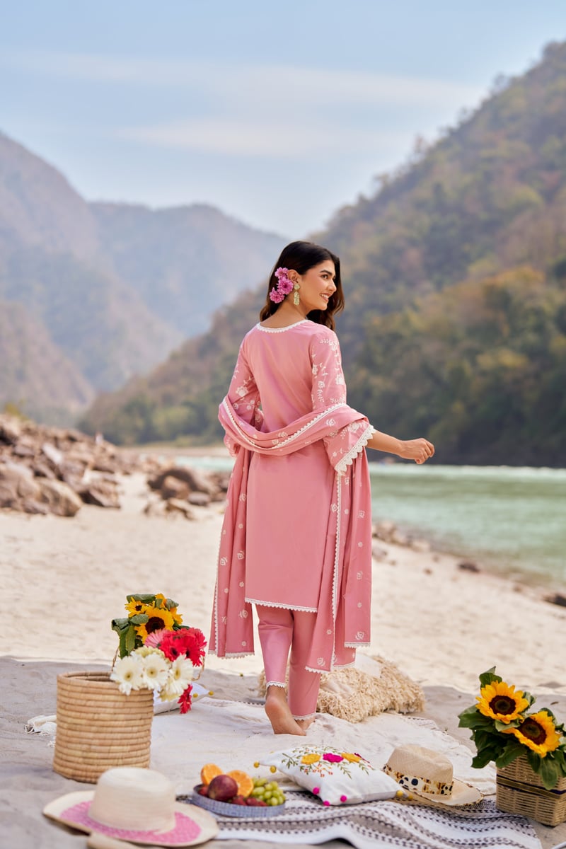 Pink Cotton Embroidered Kurta Set with Lace Trim