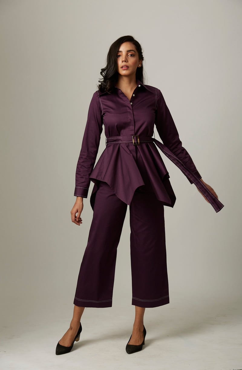Purple Cotton Satin Shirt and Wide-Leg Pants Co-ord Set