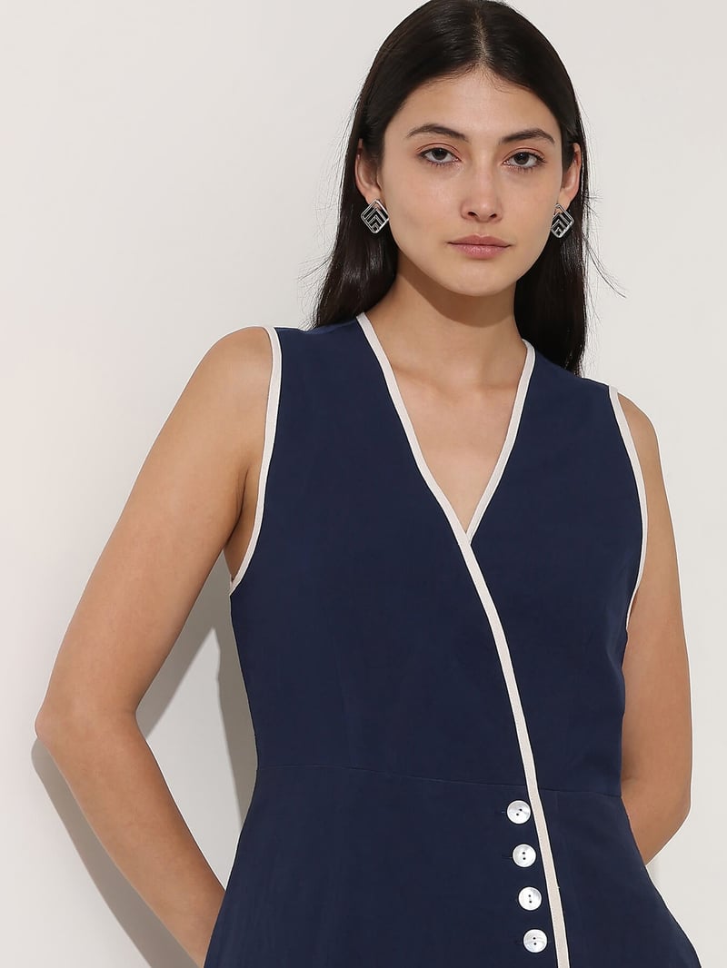 Denim Blue Linen-Blend Colorblock A-Line Maxi Dress
