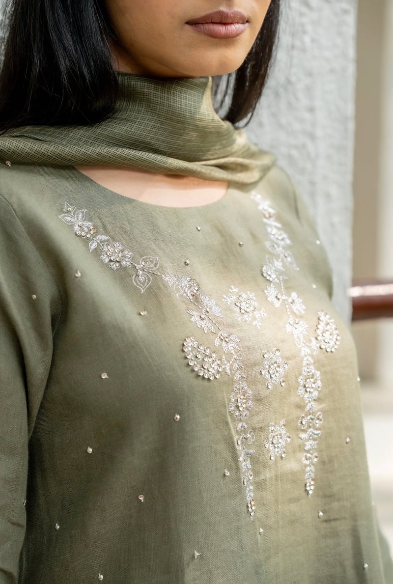 Olive Green Linen Straight Kurta Set with Dupatta