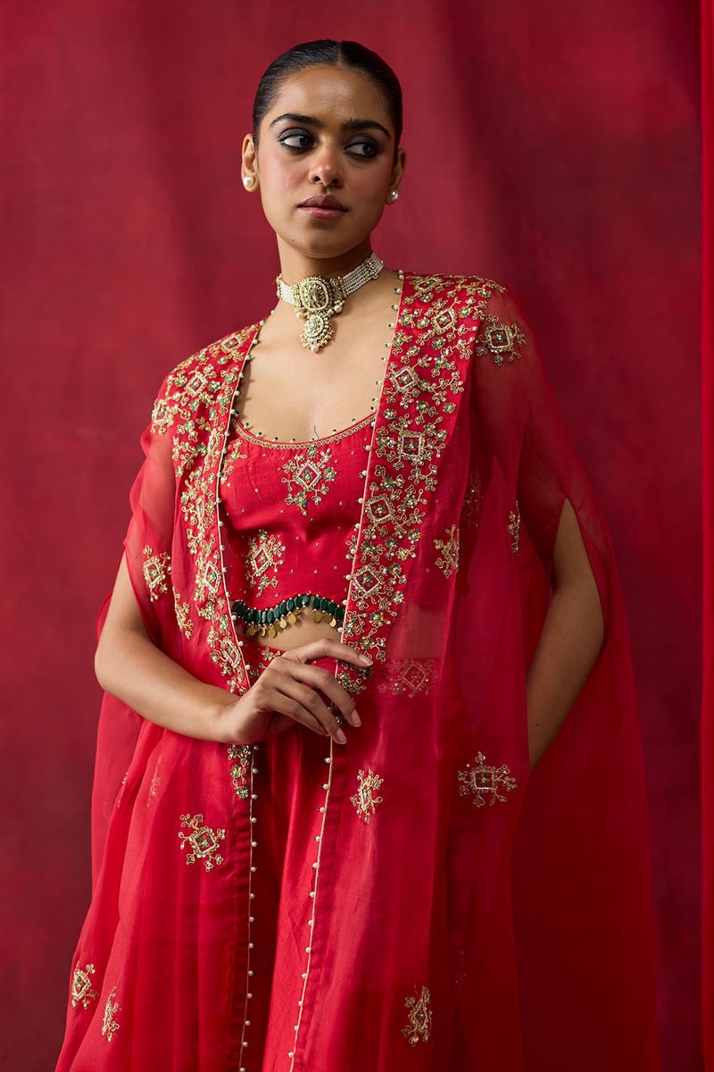 Red Embroidered Cape, Blouse and Sharara Co-ord Set