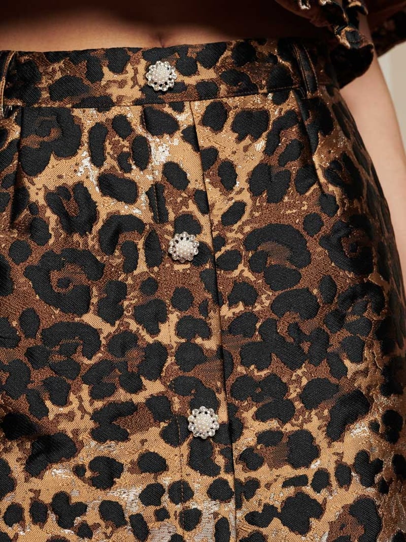Brown Metallic Leopard Jacquard Midi Skirt