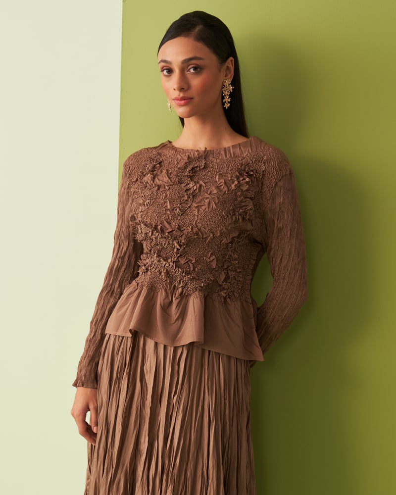 Brown Textured Top and Pleated Midi Skirt Co-ord Set