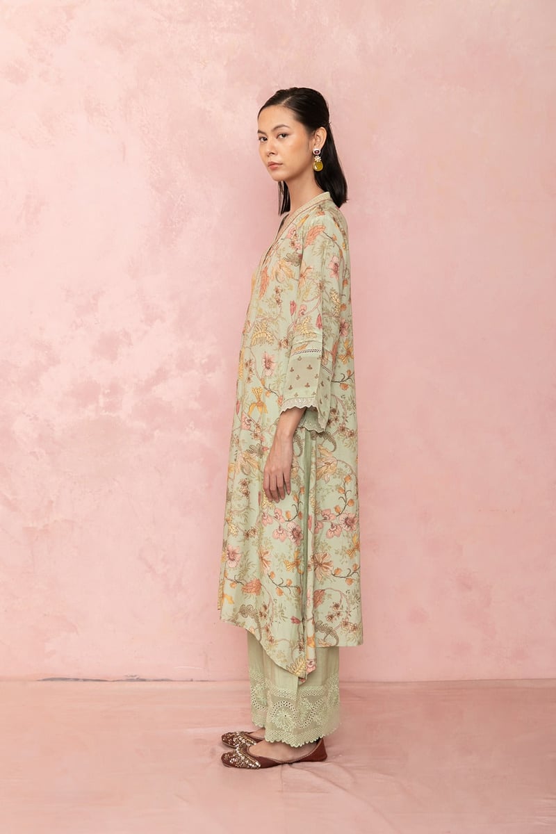 Green Floral V-Neck Kurta and Straight Pants Co-ord Set