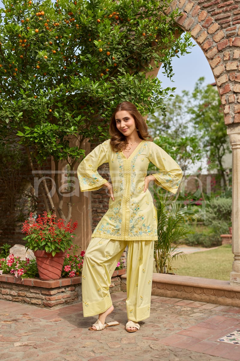 Yellow Cotton Embroidered Kurta Co-ord Set with Farshi Salwar