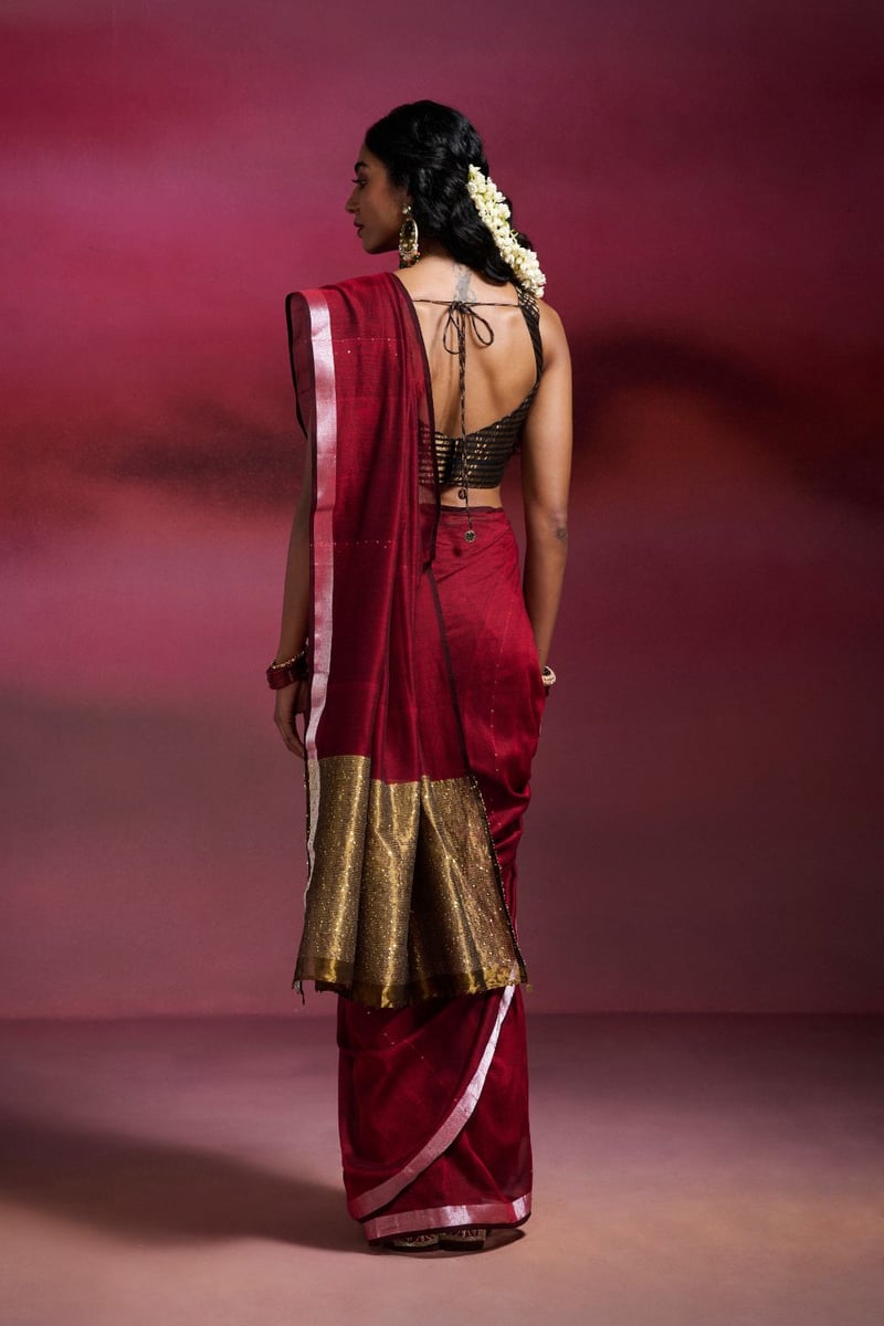 Maroon Cotton Sequin Saree with Zari Border and Gold Pallu