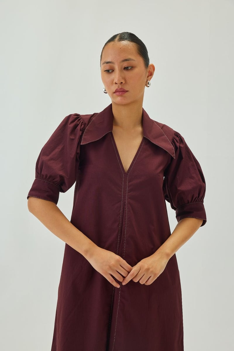 Maroon Poplin A-Line Midi Dress with Puff Sleeves