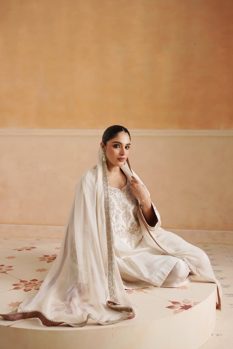 Ivory Embroidered Chanderi Kurta Set with Dupatta