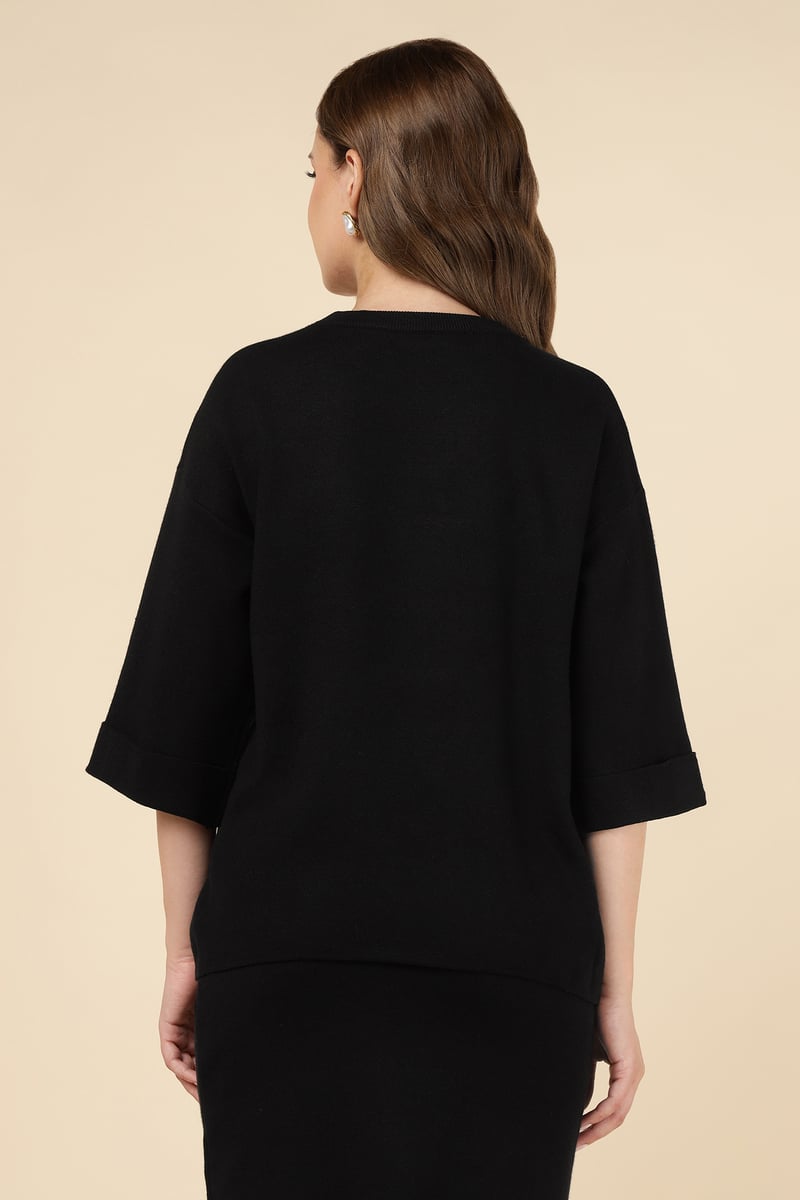 Black Graphic Knit Top and Midi Skirt Co-ord Set