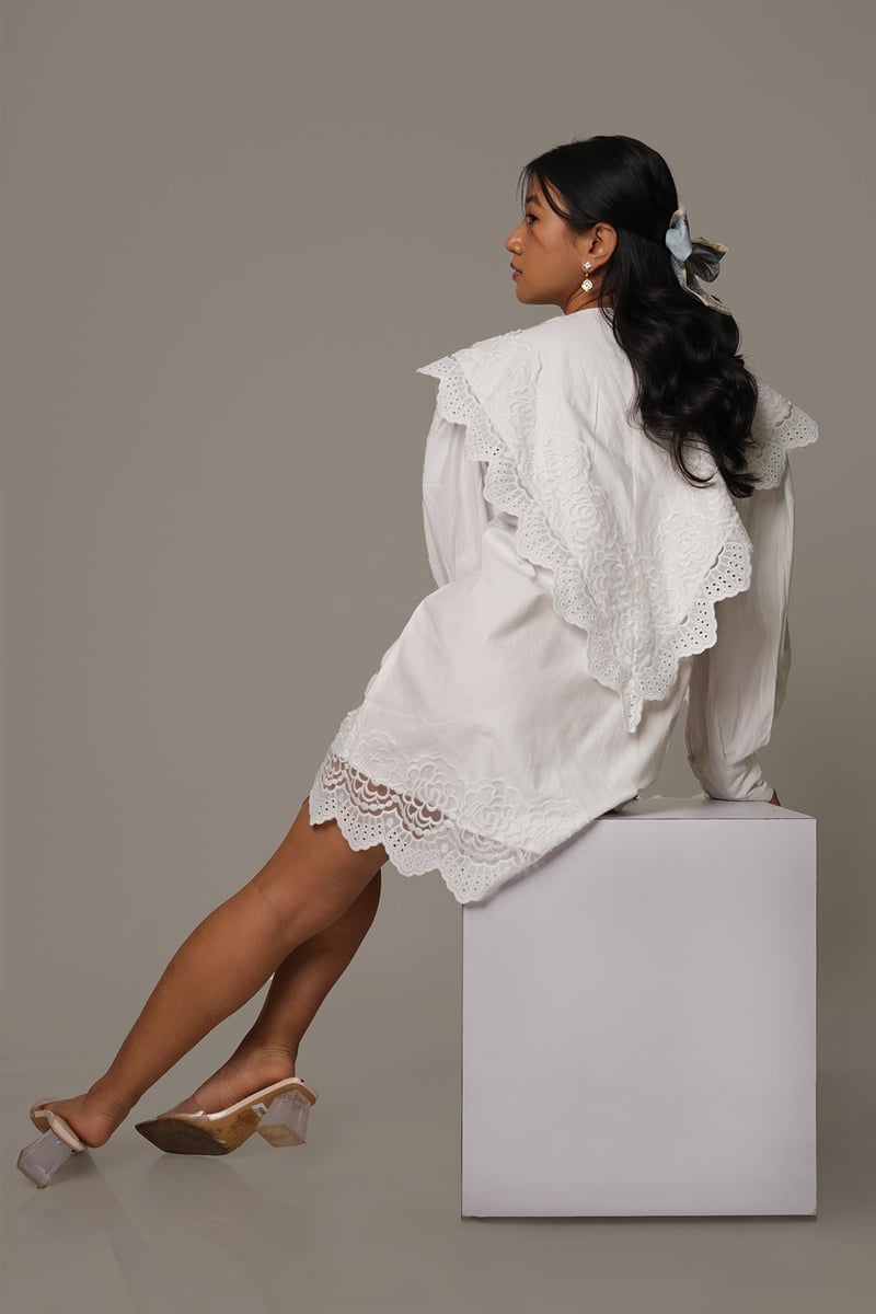 White Cotton Mini Shirtdress with Scalloped Eyelet Overlay