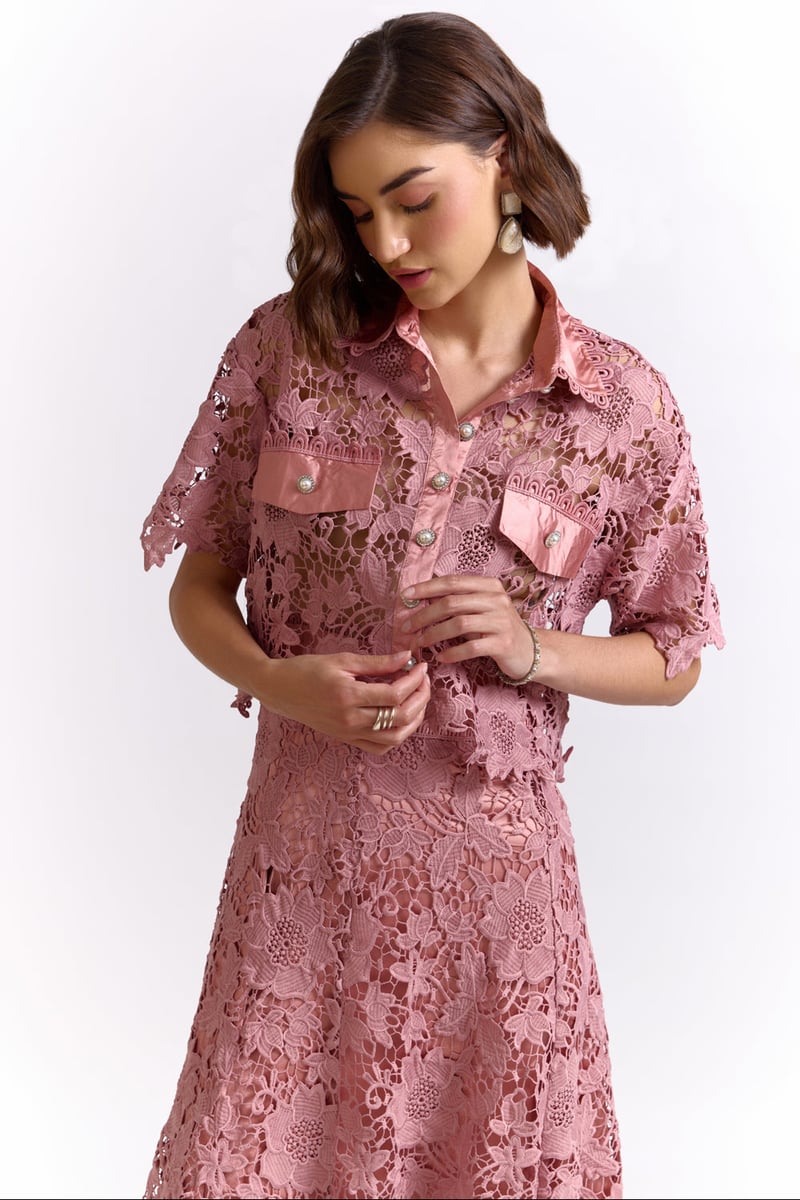 Onion Pink Lace Shirt and Midi Skirt Co-ord Set