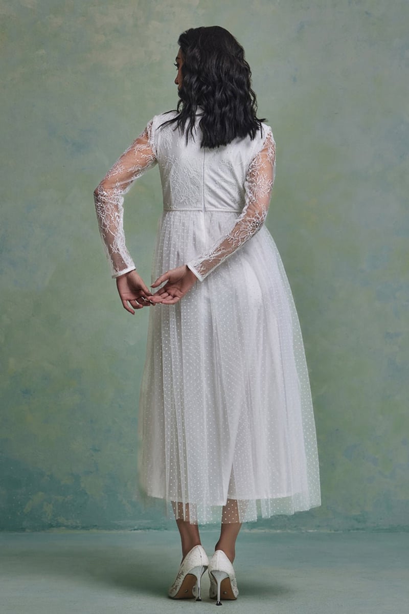 White Lace Sleeve Fit and Flare Midi Dress