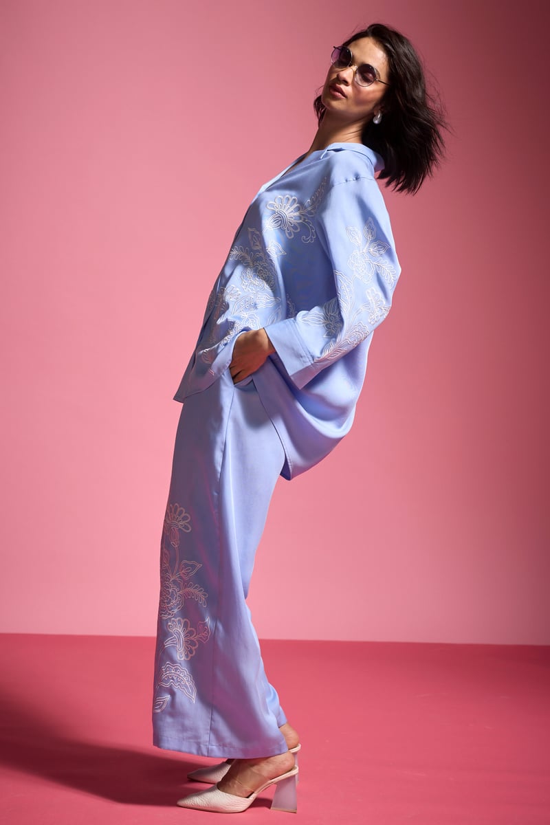 Pastel Blue Tencel Straight-Leg Embroidered Trousers