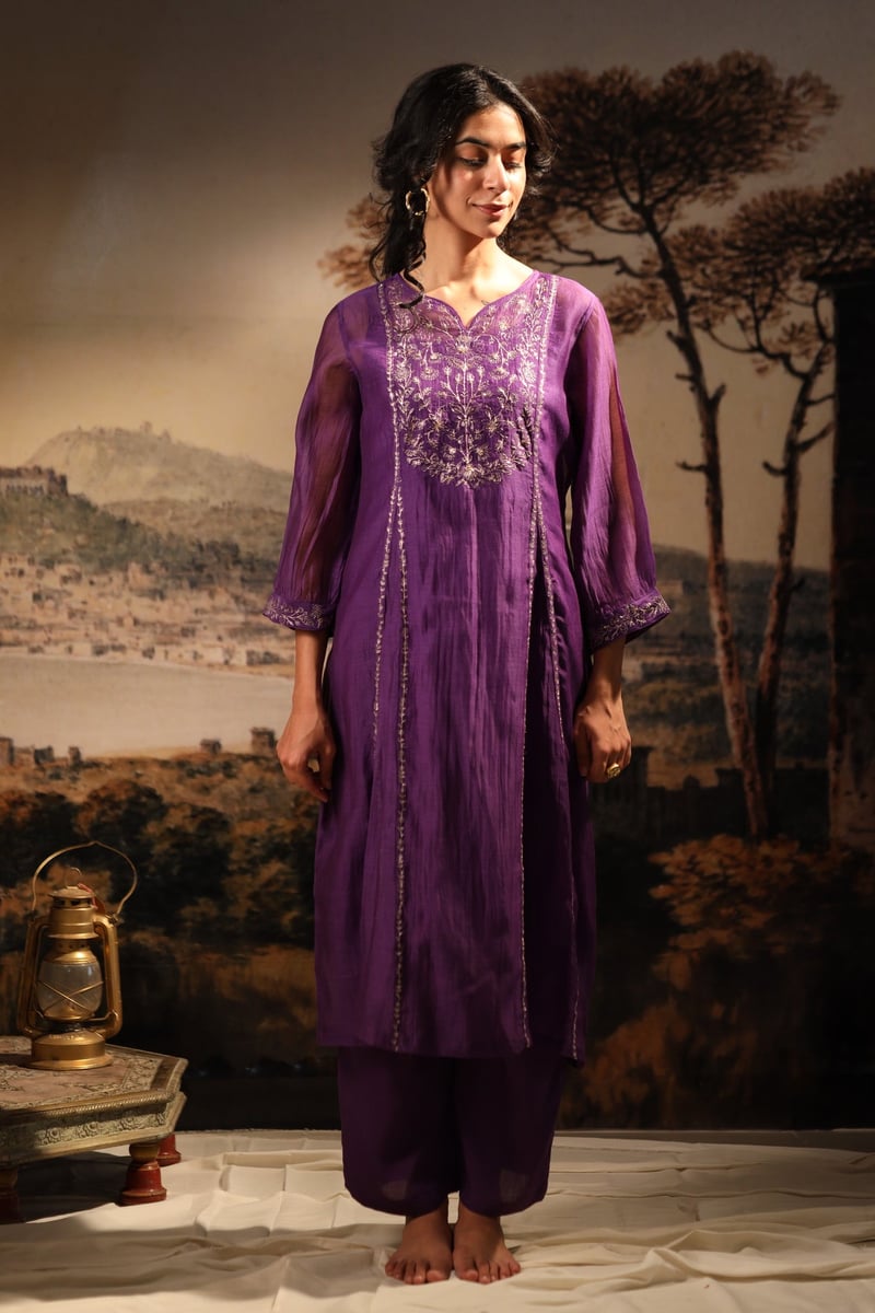 Purple Chanderi Embroidered Kurta Set with Pants and Slip
