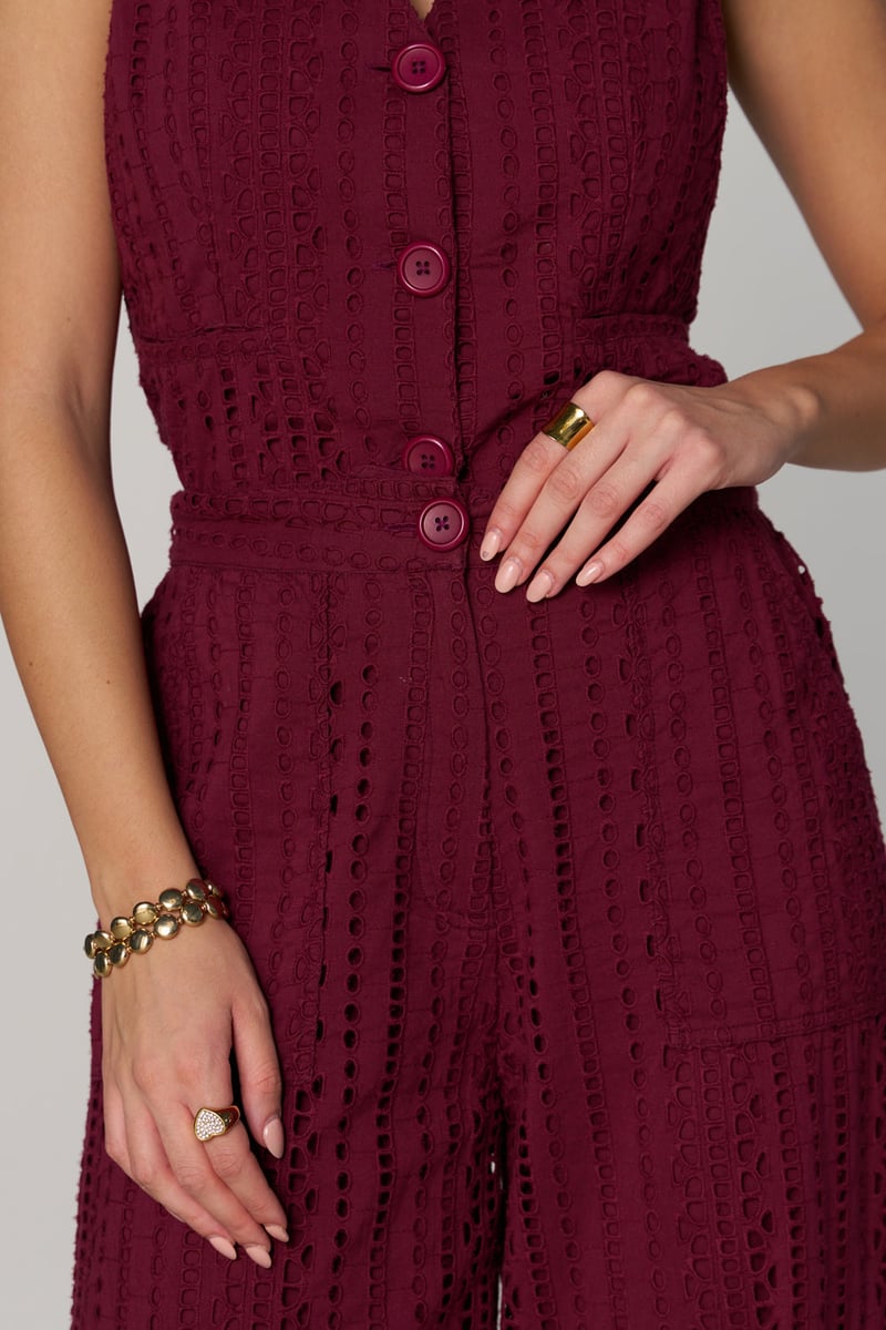 Wine Schiffli Cutwork Wide-Leg Cargo Pants