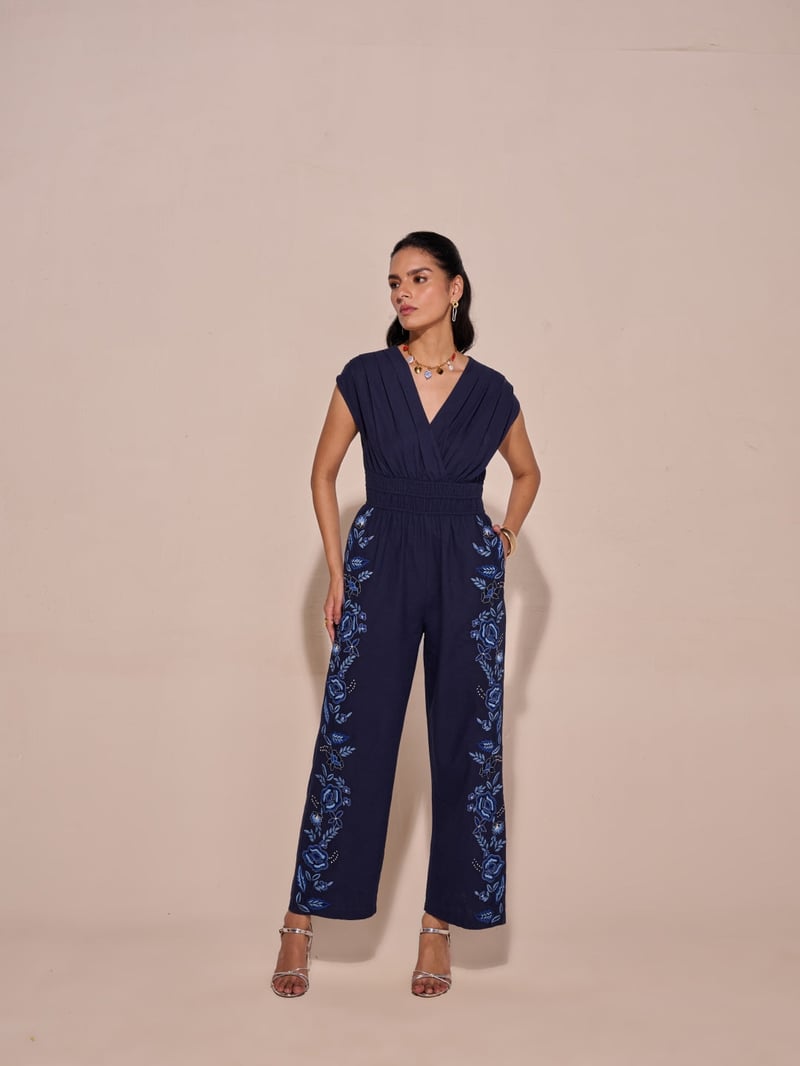 Blue V-Neck Smocked Waist Embroidered Jumpsuit
