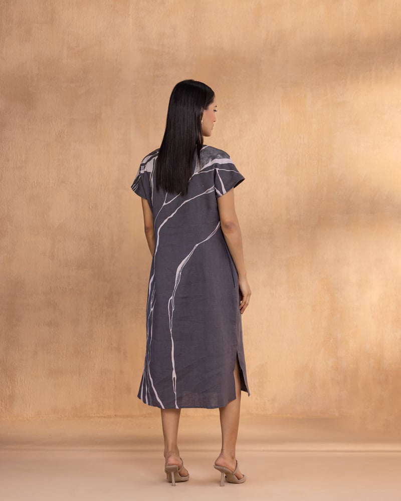 Charcoal Abstract Print Linen Midi Shift Dress