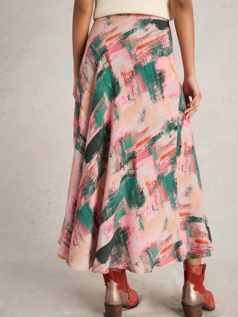 Pink Abstract Printed Bias-Cut Maxi Skirt