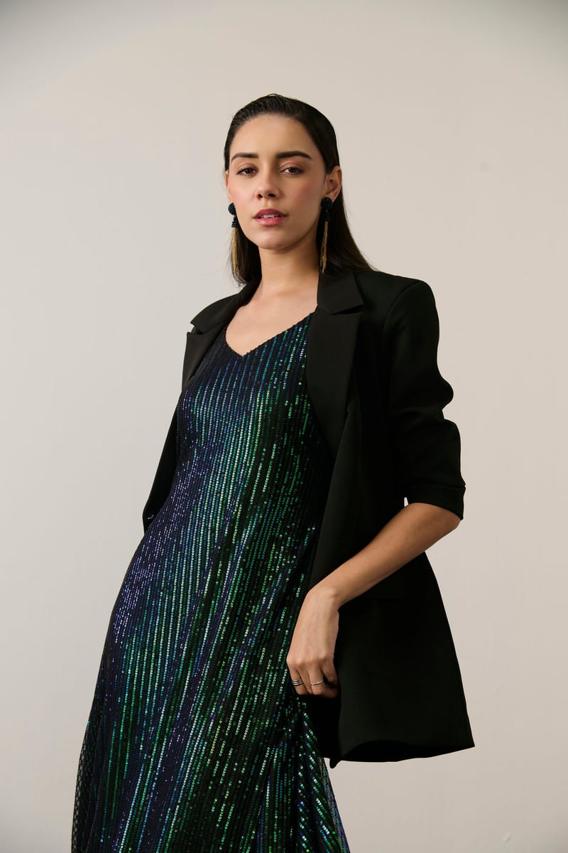 Black Oversized Blazer and Sequin Slip Dress Co-ord Set