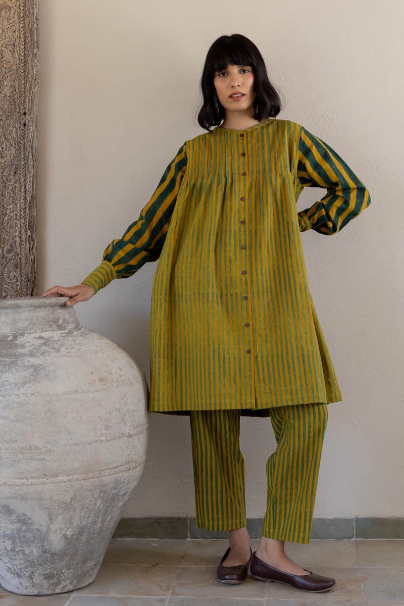 Moss Leaf Striped Cotton Tunic and Pant Co-ord Set