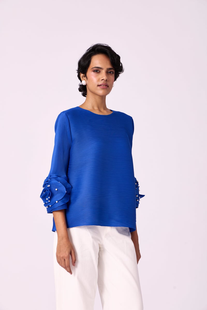 Azure Blue Pleated Top with Pearl Applique Sleeves