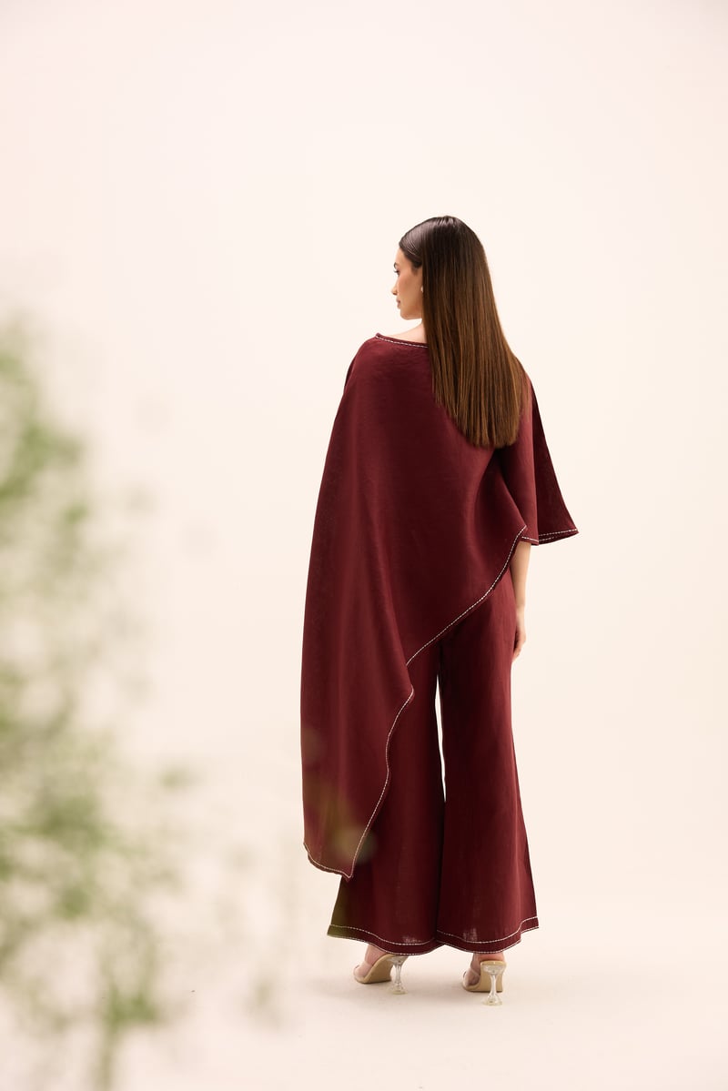 Burgundy Linen Asymmetric Cape Top and Pants Co-ord Set