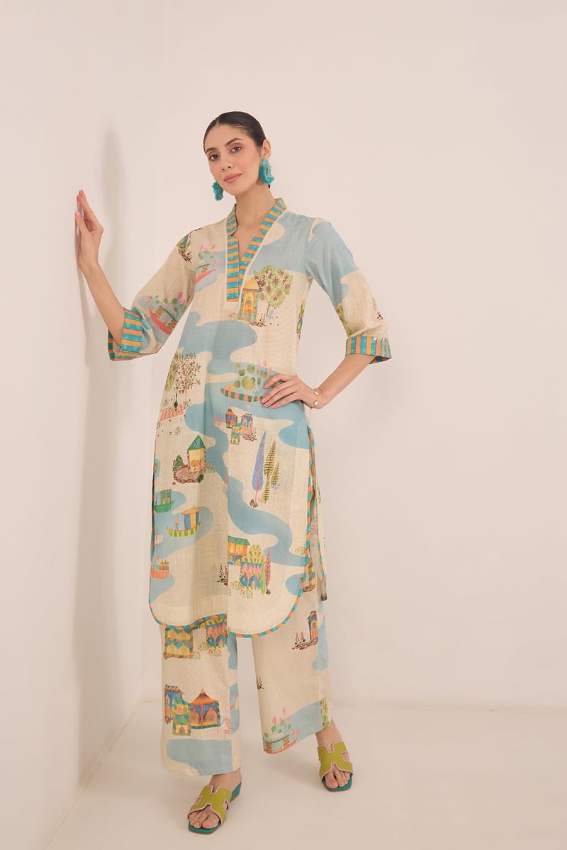 Cream Scenic Print Cotton Kurta and Wide-Leg Pants Set