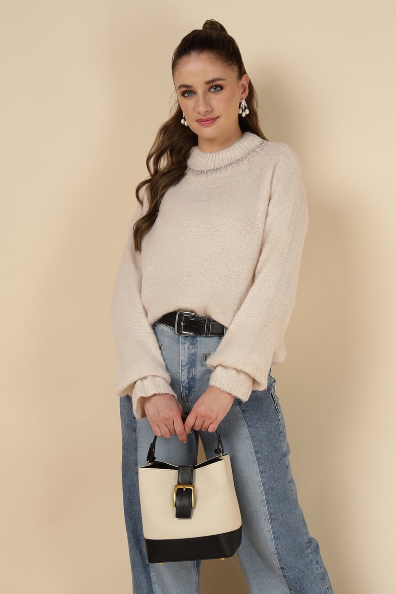 Beige Embellished Neck Pullover Sweater