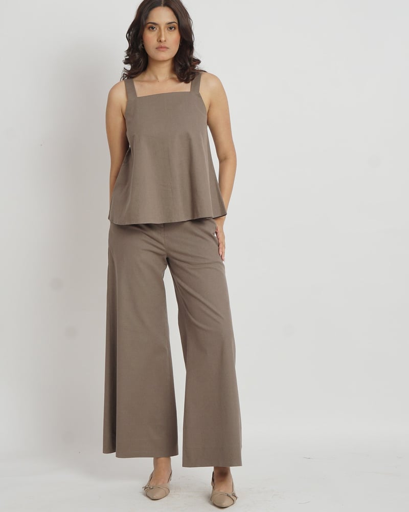 Taupe Cotton Square Neck Strap Top with Back Buttons