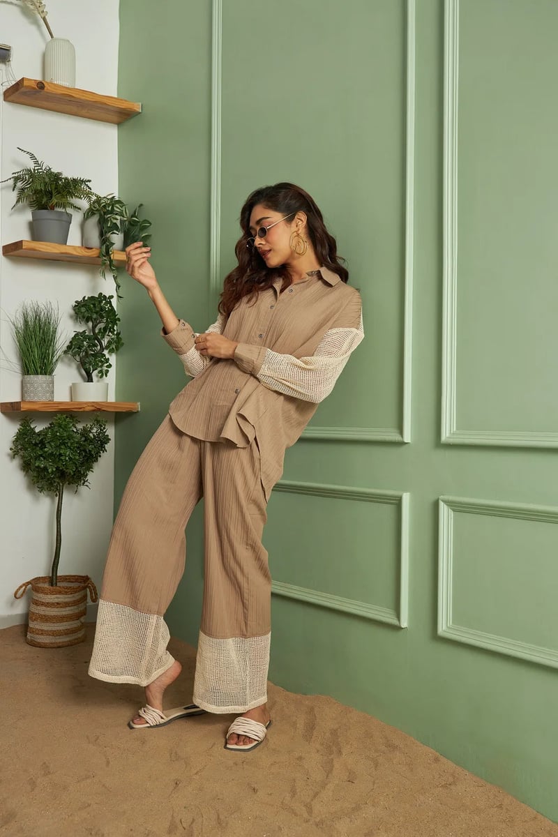Beige Straight-Leg Trousers with Crochet Mesh Hem