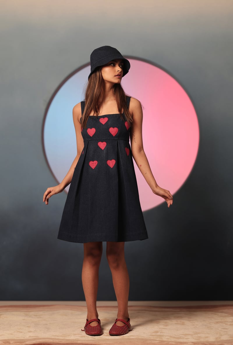 Blue Denim Square Neck Mini Dress with Heart Motif