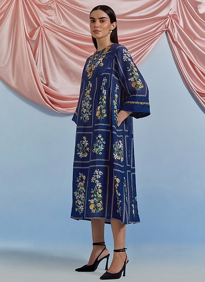 A.F Blue Floral Printed A-Line Kurta with Pleats