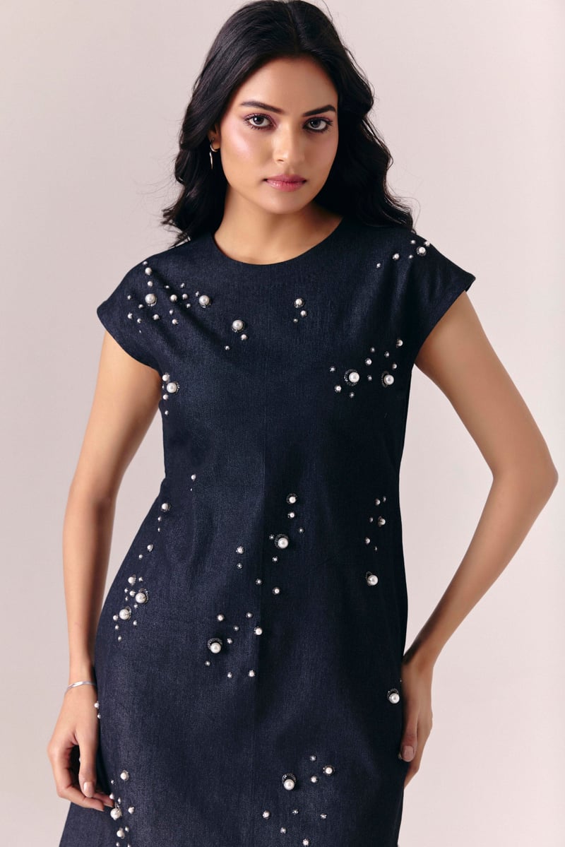 Black Denim Knee-Length A-Line Dress with Pearl Detail
