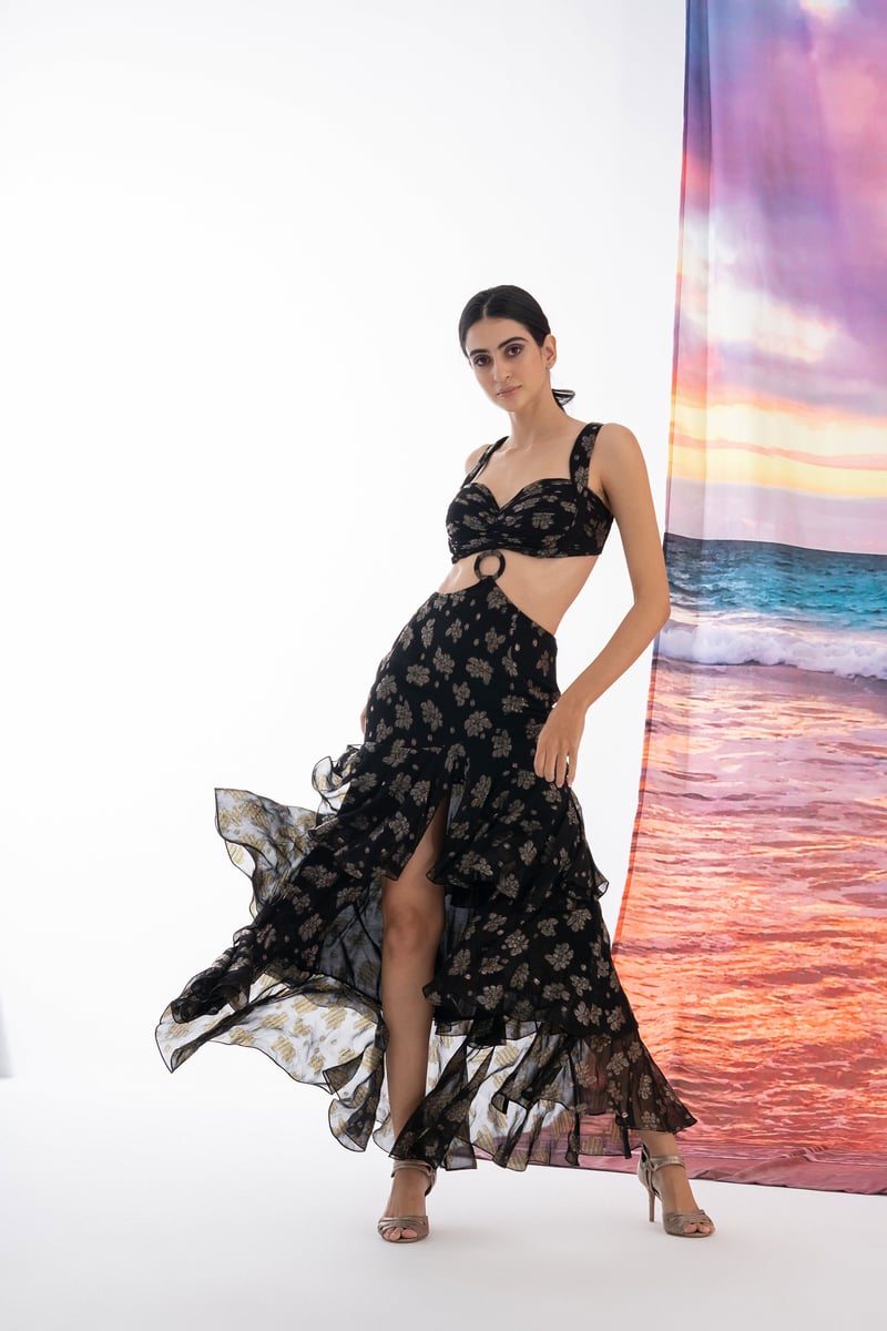 Black Metallic Floral Cut-Out Tiered Maxi Dress