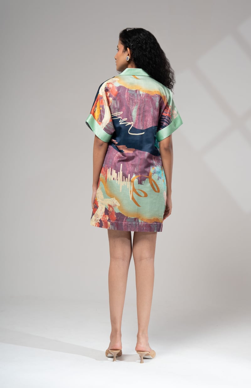 Multicolor Abstract Printed Satin Shift Mini Dress