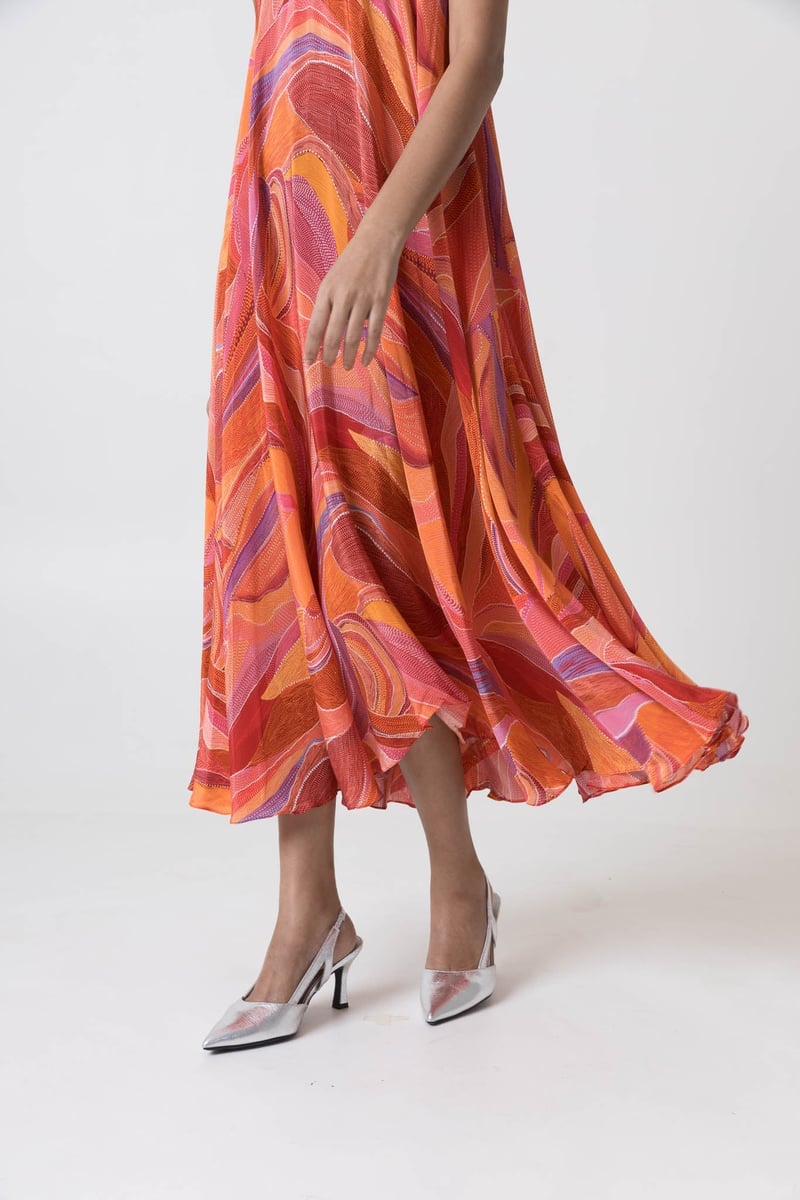 Orange/Multicolor Printed Strappy A-Line Midi Dress