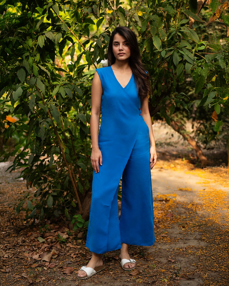 Blue Linen Wrap-Front Wide-Leg Jumpsuit