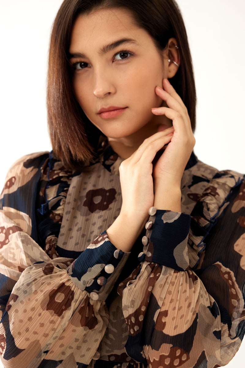 Dark Blue And Beige Floral Long Dress
