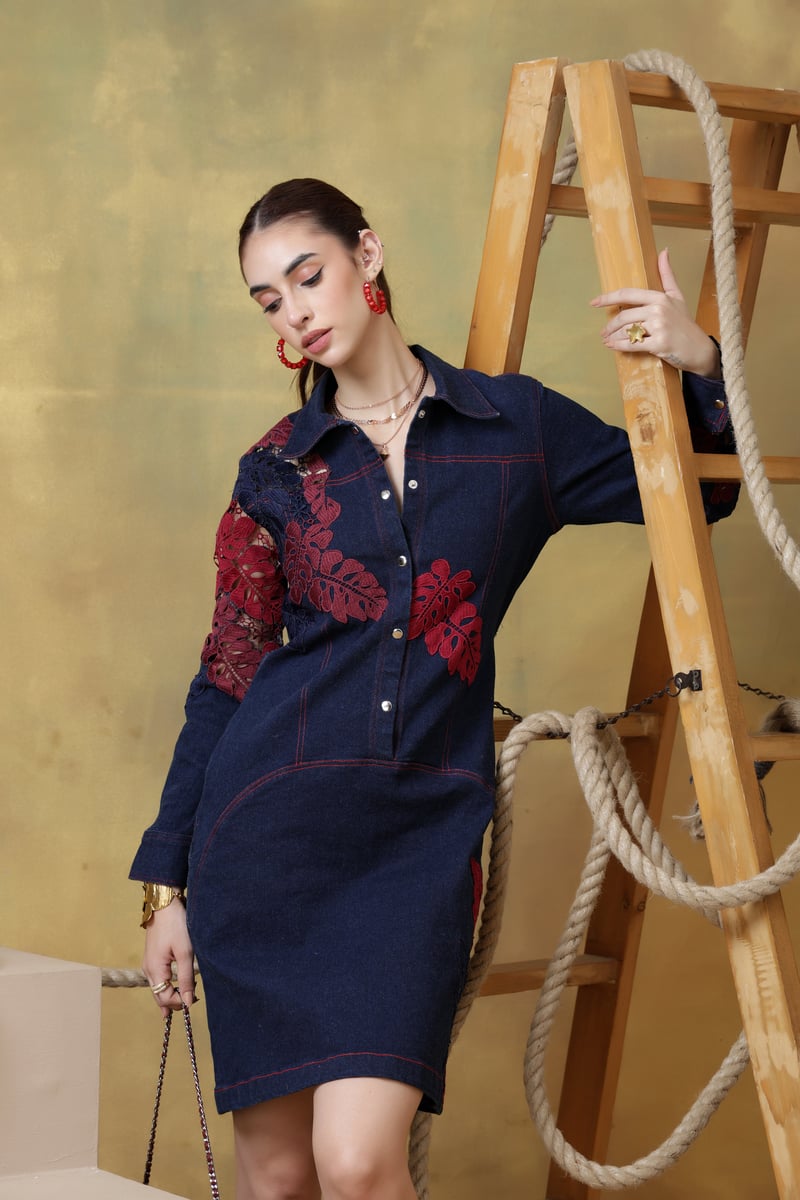 Dark Denim Belted Shirt Dress with Lace Panels