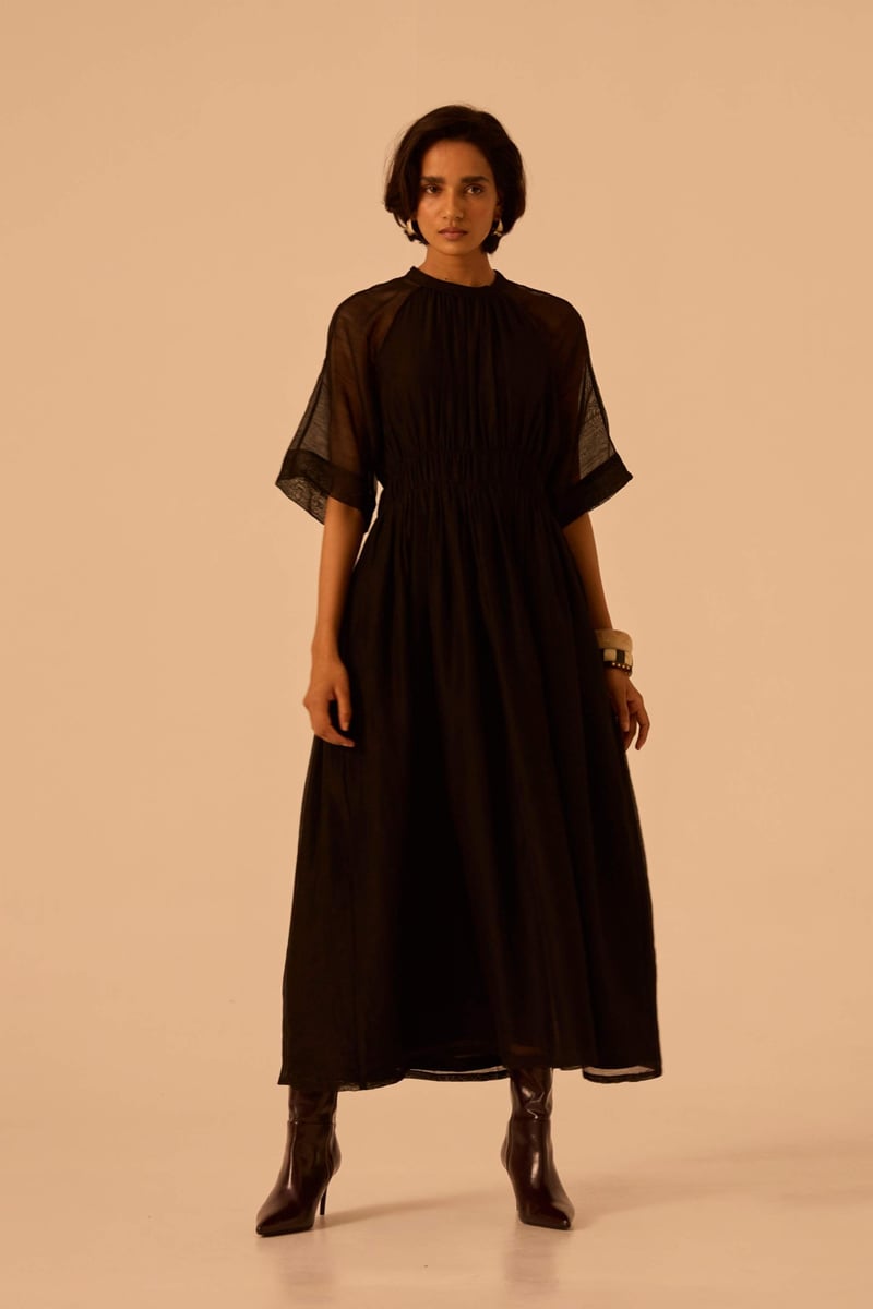 Black Handwoven Chanderi Maxi Dress with Ruched Waist