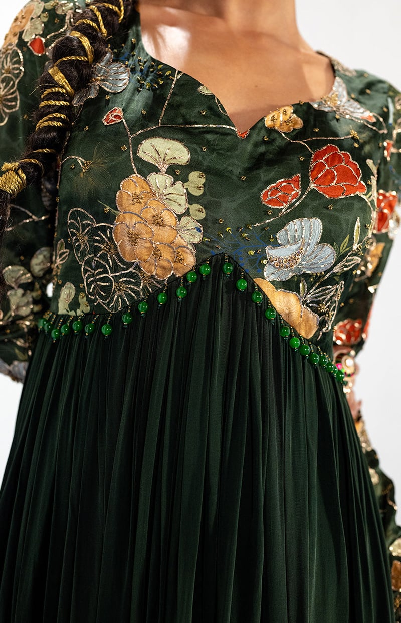 Green Anarkali Kurta Set with Embroidered Yoke and Dupatta