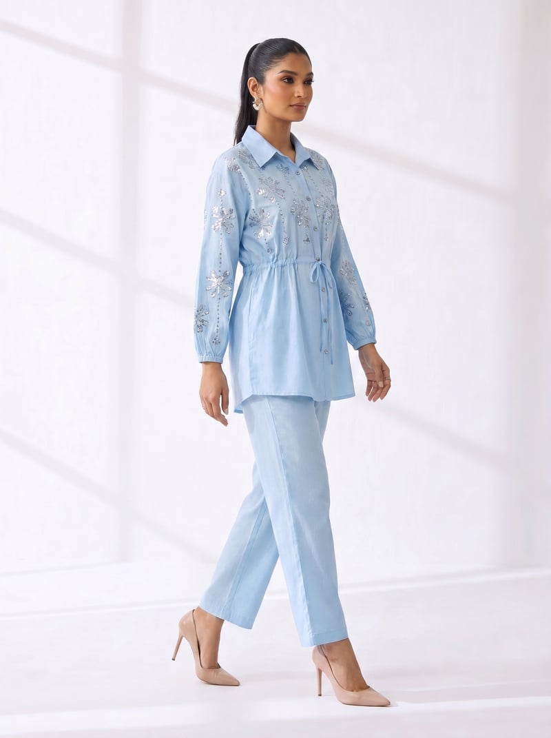 Blue Cotton Embellished Shirt and Pant Co-ord Set