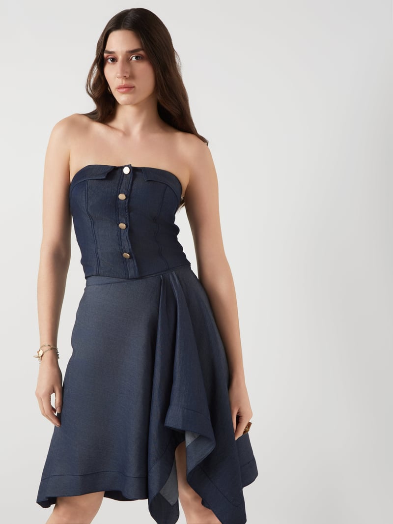 Navy Tencel Denim Drape Knee-Length Skirt
