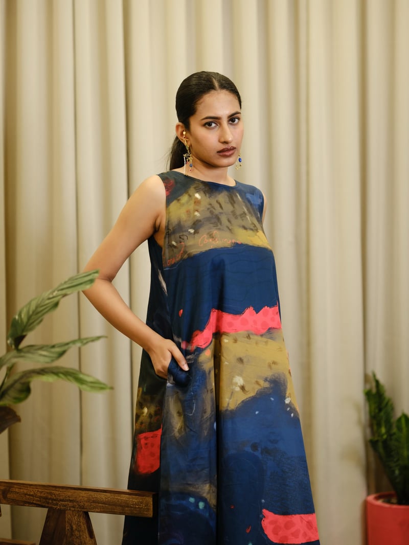 Blue Abstract Printed Cotton Satin Midi Shift Dress