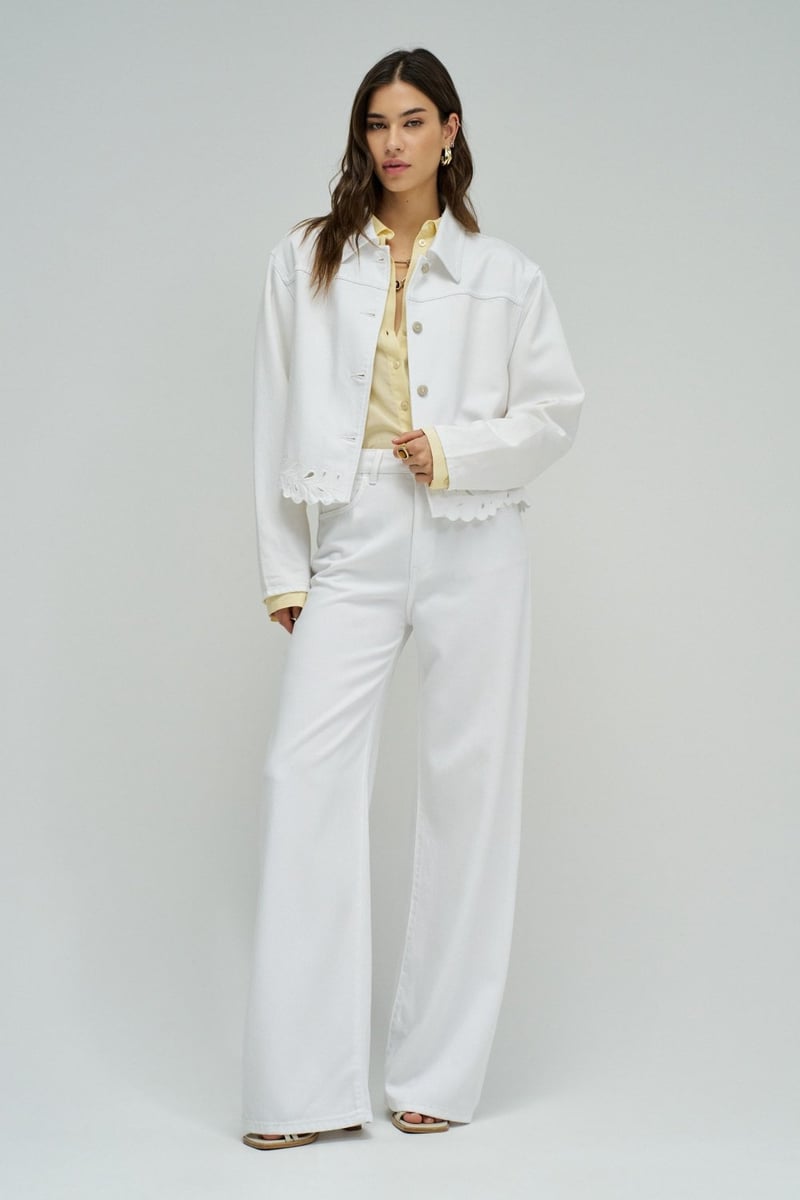 White Cropped Button-Front Jacket with Cutwork Hem