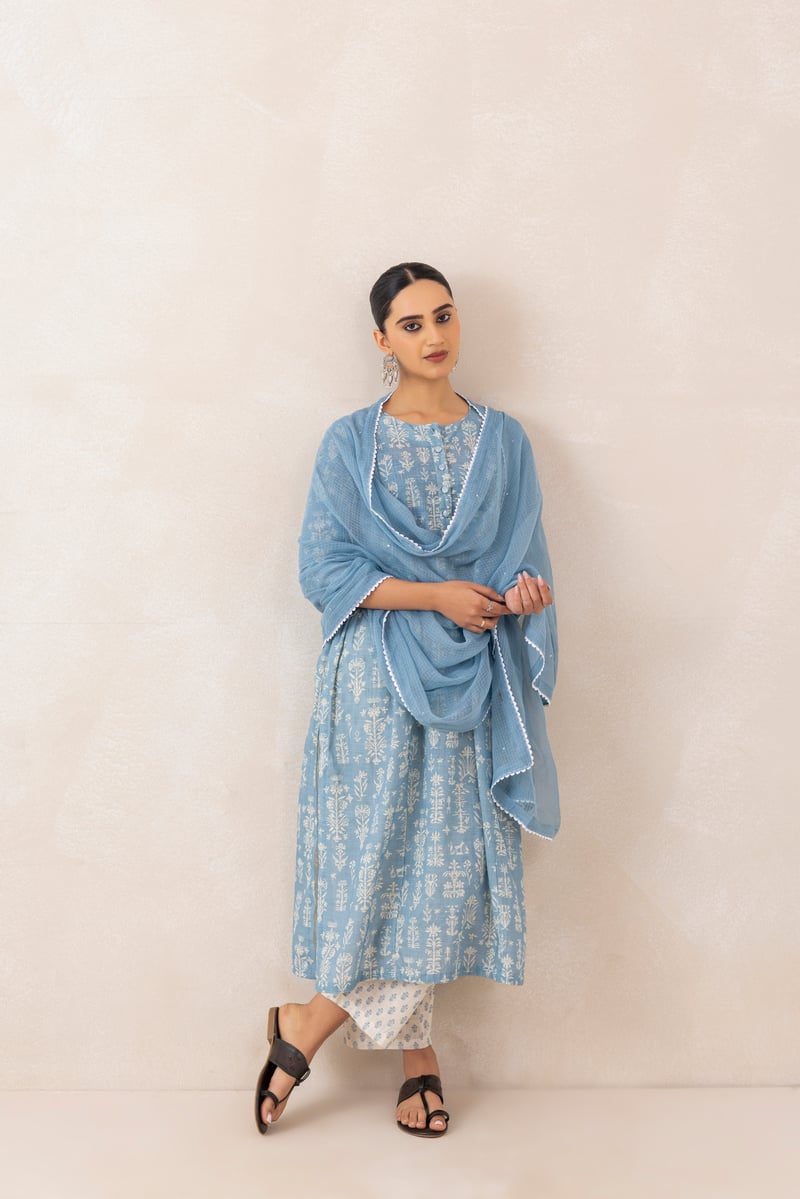 Baby Blue Floral Printed Cotton Slub Kurta Set with Dupatta