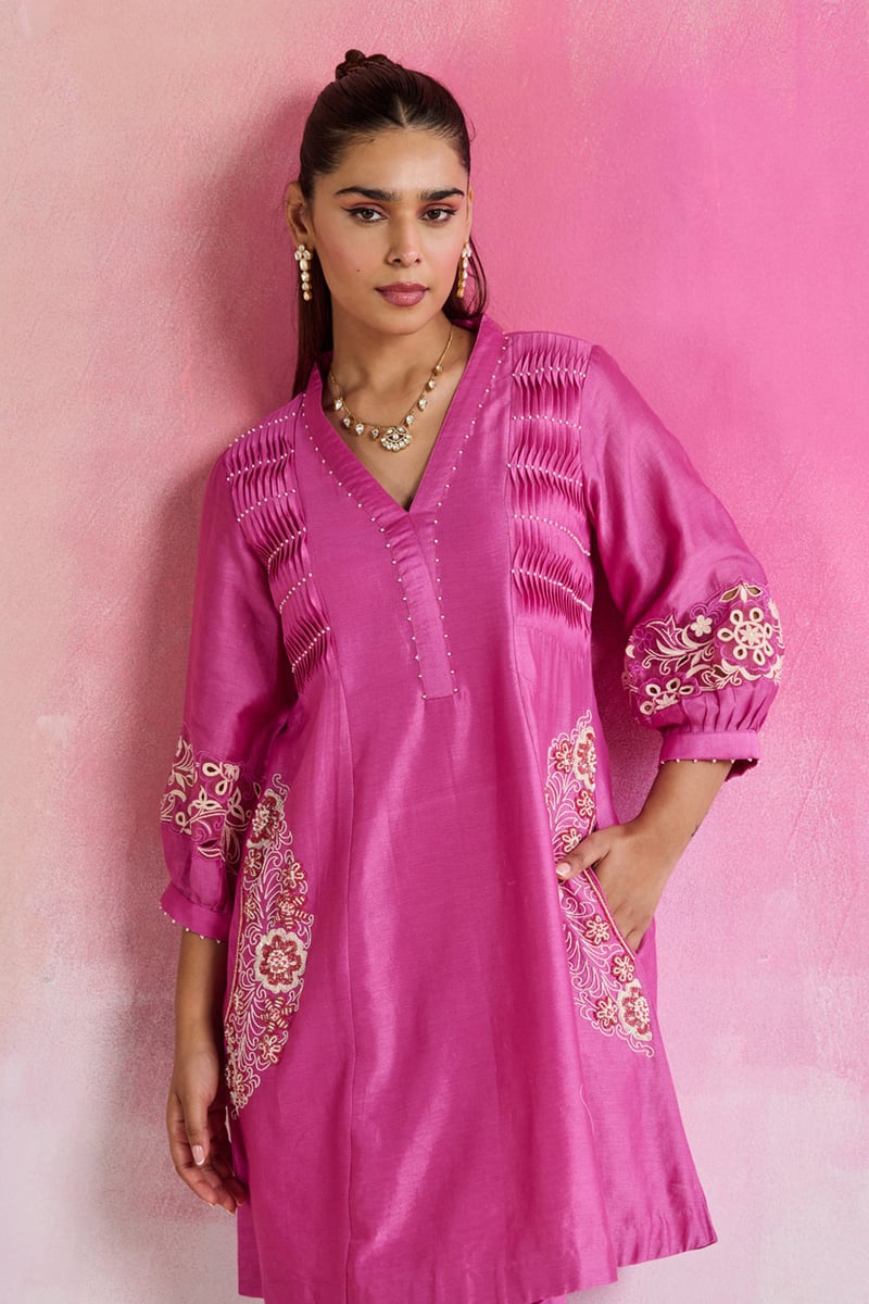Pink Chanderi Embellished A-Line Kurta Set